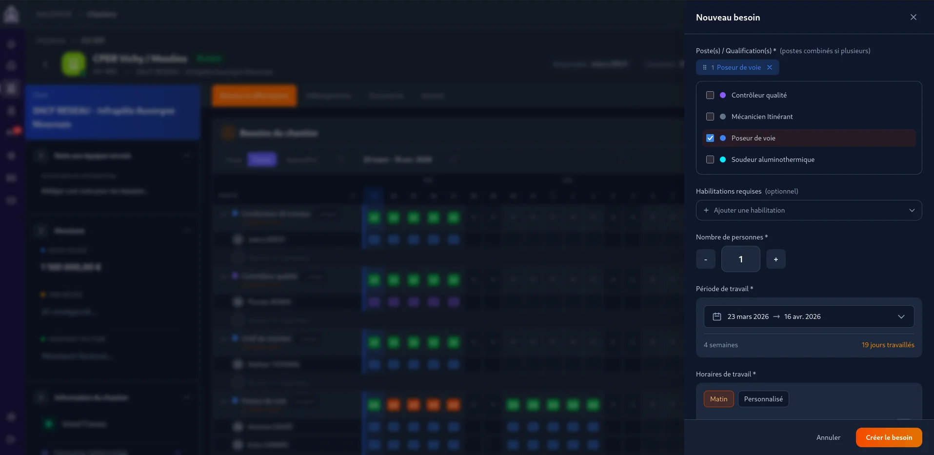 Modal création de besoin — Sélection des postes ferroviaires