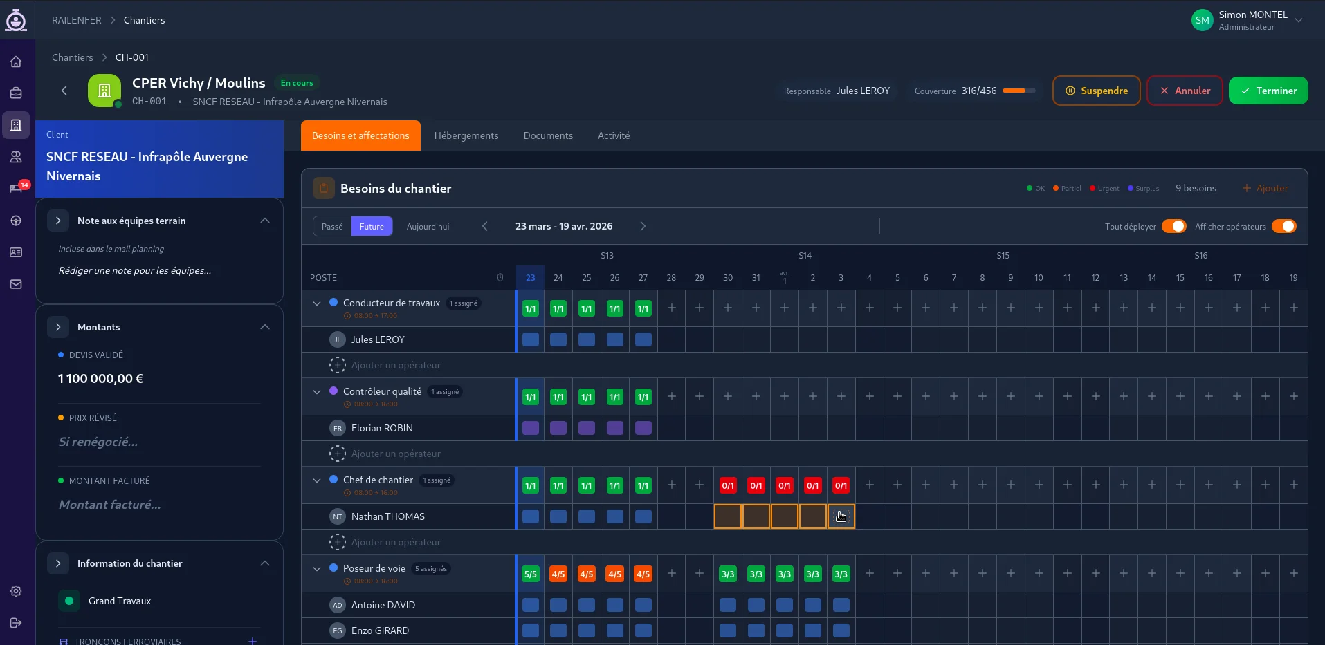 Besoins du chantier CPER Vichy — Couverture temps réel